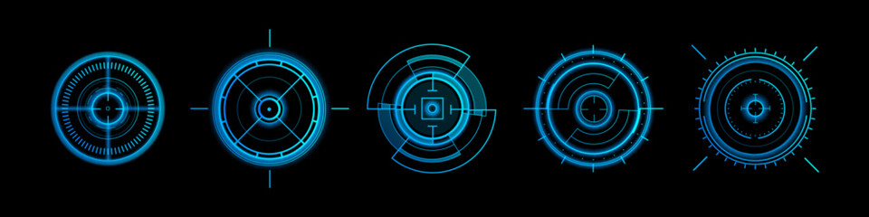 Futuristic HUD target interface with circular radar display, abstract vector set of icons isolated on black background. High-tech neon blue graphic elements for sci-fi games, military system © klyaksun
