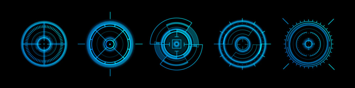 Futuristic HUD target interface with circular radar display, abstract vector set of icons isolated on black background. High-tech neon blue graphic elements for sci-fi games, military system