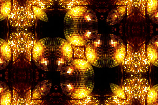 Golden disco ball kaleidoscope background with shiny reflections