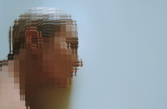 Surreal pixelated glitch portrait with facial distortion and fragmentation