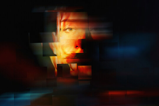 Fragmented surreal face with glitch effect and geometric mosaic