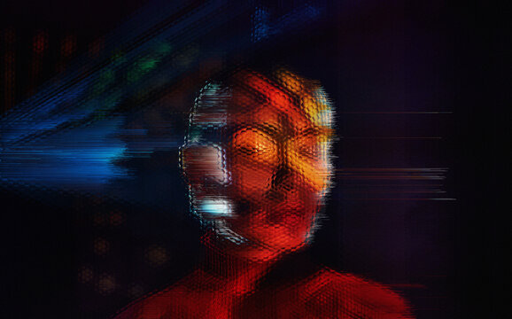 Abstract neon portrait with glitch effect in cyberspace concept