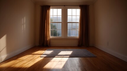 Fototapeta premium Sunlight streams through a window in an empty room casting geometric shadows on a wooden floor and a simple rug