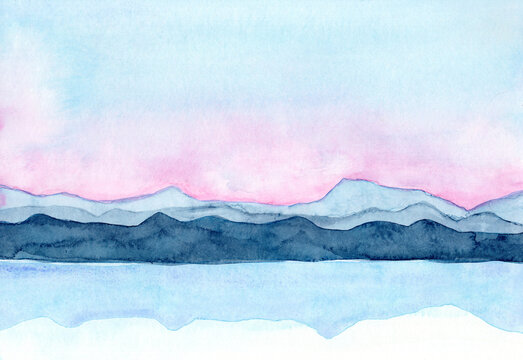 Minimalist mountain landscape watercolor with sunset and reflection