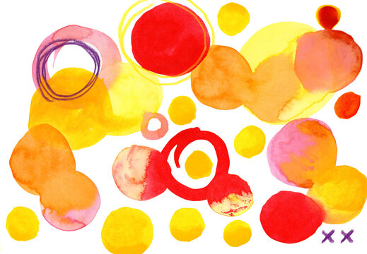 Abstract joyful watercolor painting with colorful circles and copy space