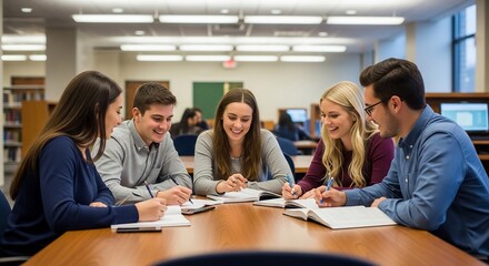 Obraz premium Diverse Group of College Students Studying Together in a Library.