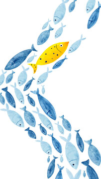 Yellow fish swimming against blue fish in watercolor illustration