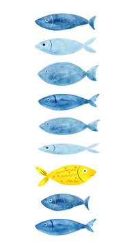 Yellow fish swimming against blue fishes in watercolor illustration