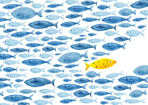 Yellow fish swimming against the current in watercolor illustration