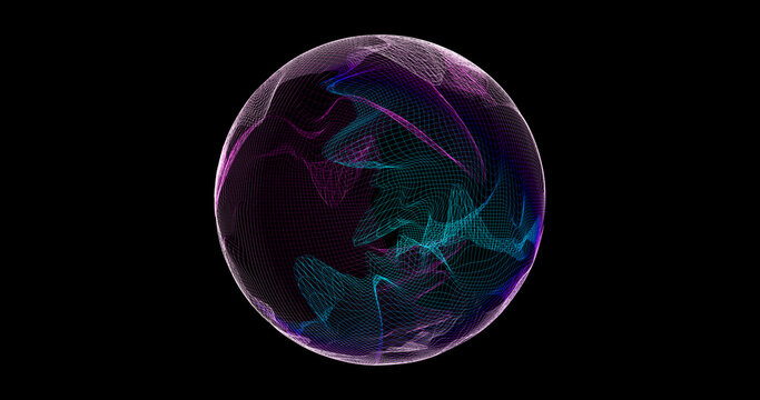 Glowing dynamic 3d wireframe sphere on black background