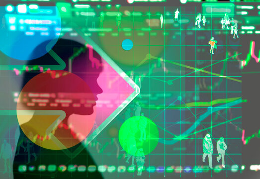 Businesswoman profile with abstract data graphs and digital concept