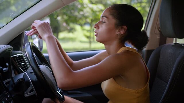 Exhausted African American woman opening car door feeling stressed tired female businesswoman hard work facing problems crisis overworked driver auto transport vehicle rental service burnout fatigue