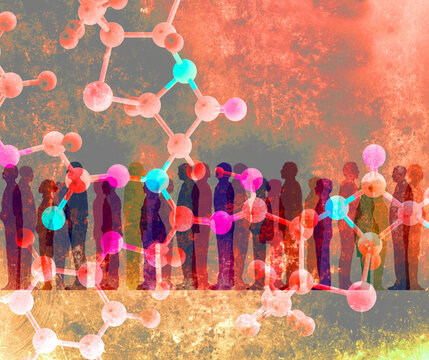 Abstract illustration of people and molecules representing science innovation