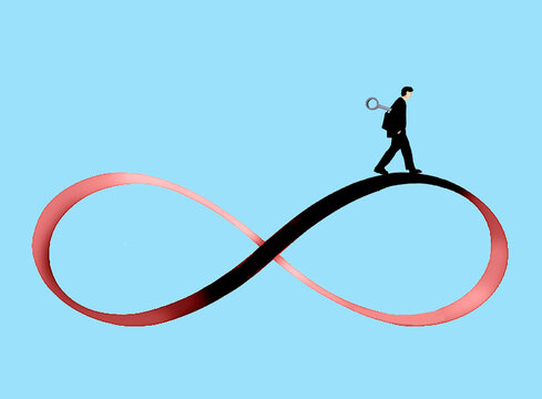 Businessman with wind-up key walking on infinity symbol illustration