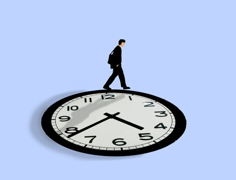 Businessman walking on a clock representing time and boredom