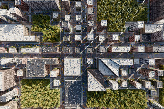 Aerial 3d view of urban city streets and buildings from above