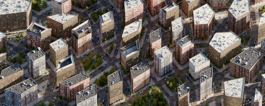 Aerial 3d view of city buildings and roads with no people