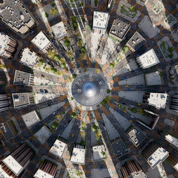 Radial 3D aerial view of city streets and traffic with no people