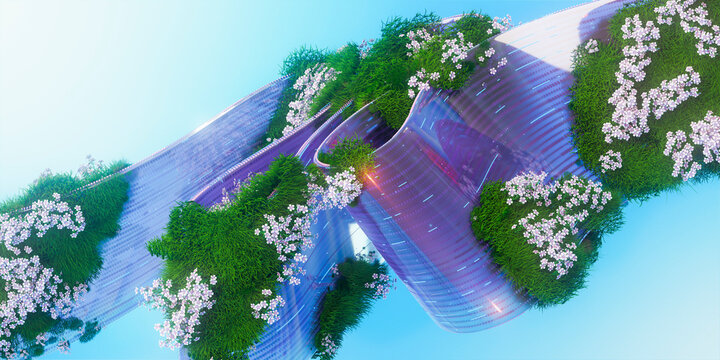 Futuristic biotech glass architecture with plants and flowers outdoors