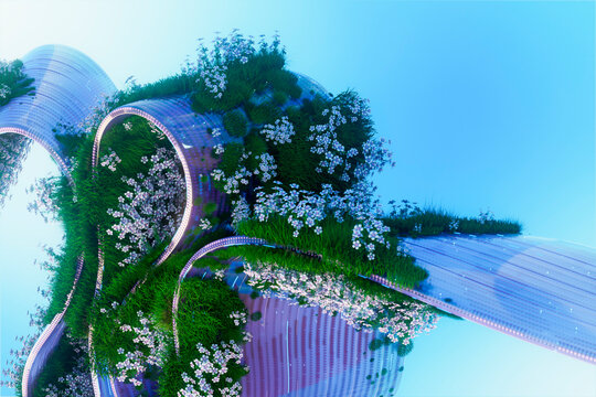 Futuristic 3D glass biotech structure with plants and flowers