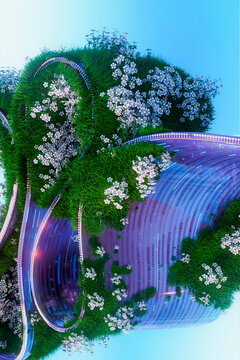 Futuristic glass biotech structure with plants and flowers representing sustainability