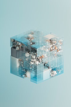Abstract 3D blue transparent cube matrix with spheres and data concept