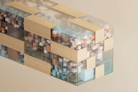 Abstract 3D geometric matrix with cubes spheres and wood elements