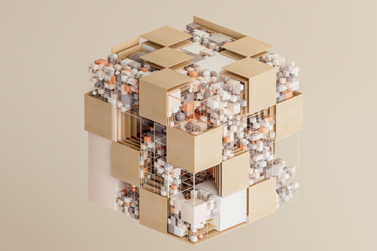 Abstract geometric 3D cube structure with wood and spheres