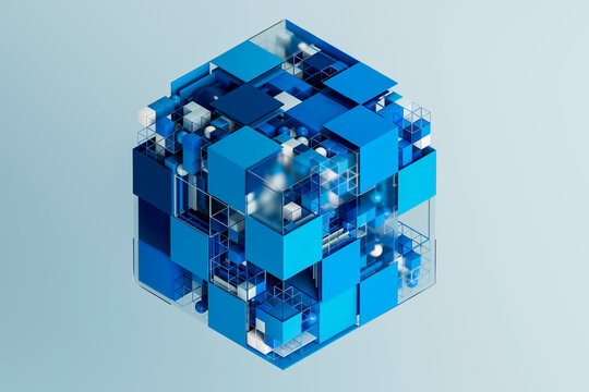 Abstract 3D blue cube matrix with spheres for technology concept