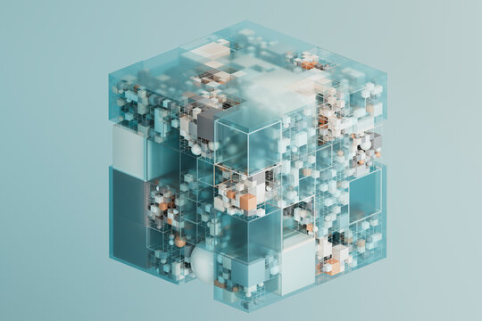 Abstract 3D blue data cube matrix with spheres and transparent elements