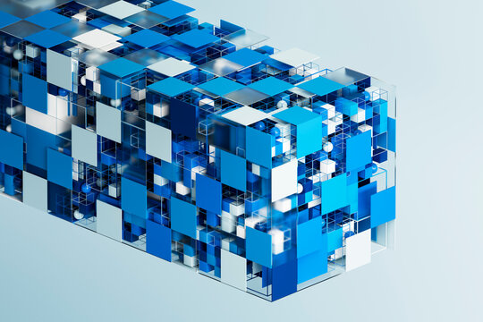 Abstract 3D blue cube and sphere matrix structure without people