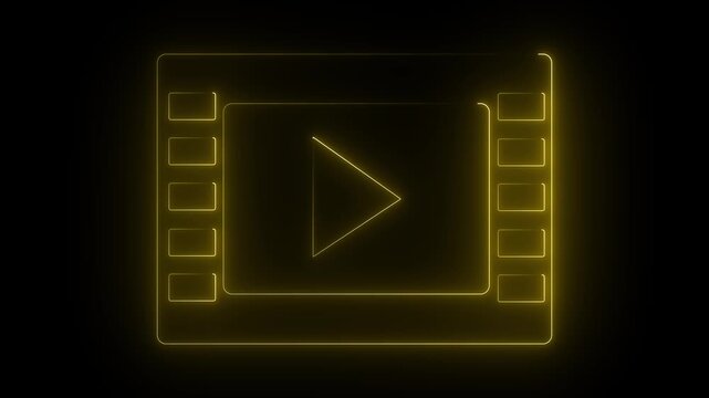 Play button icon animation glowing neon yellow color on black background. 4k animation motion graphics video.