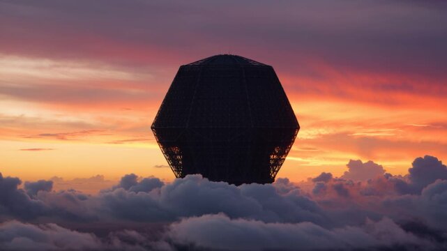 Silhouette of a large, geometric structure above clouds against a vibrant orange and purple sunset sky with a serene mood.