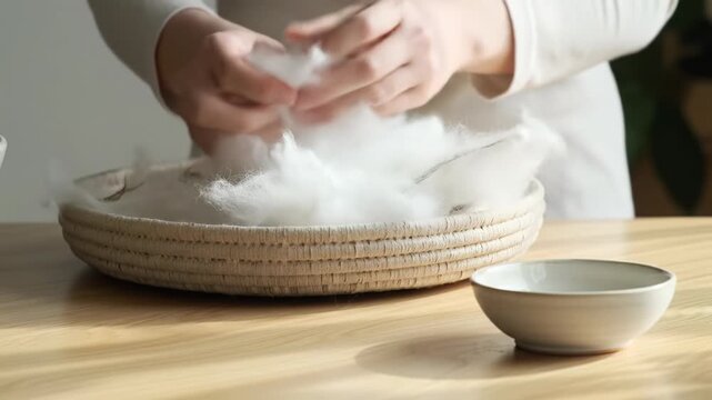 High-key video of gentle hands in a simple long-sleeve meticulously arranging pure white cotton fibers into a woven basket on a bright light wood table, extreme close-up macro with soft bokeh.
