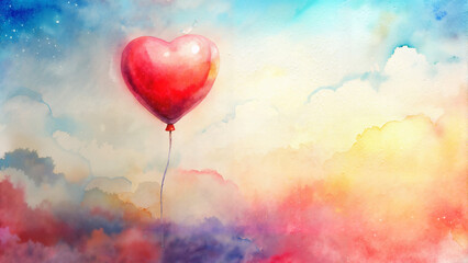 Fototapeta premium Red heart balloon floating in the sky amidst colorful clouds 