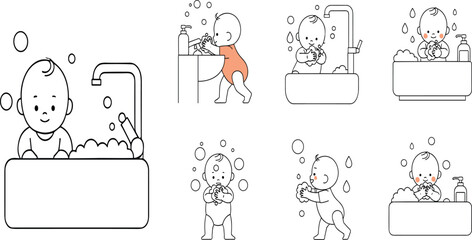 Fototapeta premium Baby Bathing and Hygiene Routine Outline Vector Set with Washing Hands Bath Tub Soap and Cleaning Steps for Infant Care Illustration Design.