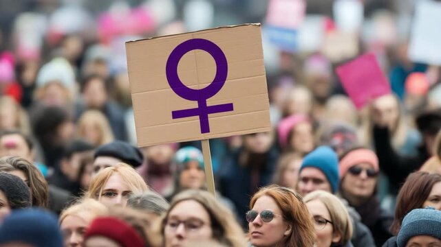 A crowd of demonstrators holds a sign featuring the female gender symbol.