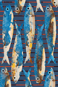 Weathered fish digital collage on grill illustration with rustic texture