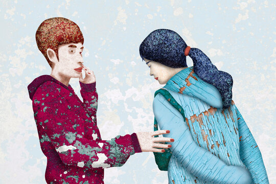 Digital collage of friendship and gentle touch in outdoor clothes