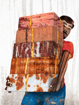 Man carrying weathered stacked boxes in digital collage illustration