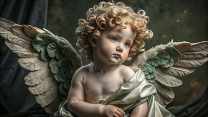 Naklejka premium Cherubic angel with curly hair sitting on a draped background 
