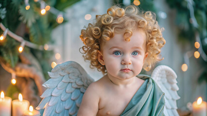 Naklejka premium Baby angel sitting with curly hair and wings near candles and lights 
