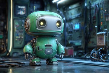 Fototapeta premium Conceptual 3D green robot design in a sci-fi manufacturing setting