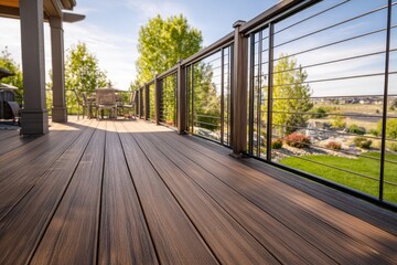 Fototapeta premium Contemporary Outdoor Deck with Brushed Metal Railing and Lush Landscape