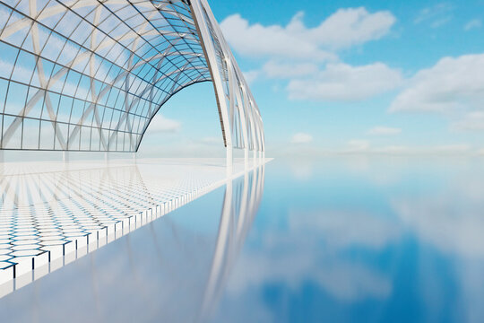 Futuristic glass tunnel and modern architecture reflecting on water