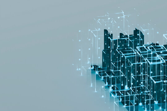 Abstract 3D digital network structure with cubes and blue tones