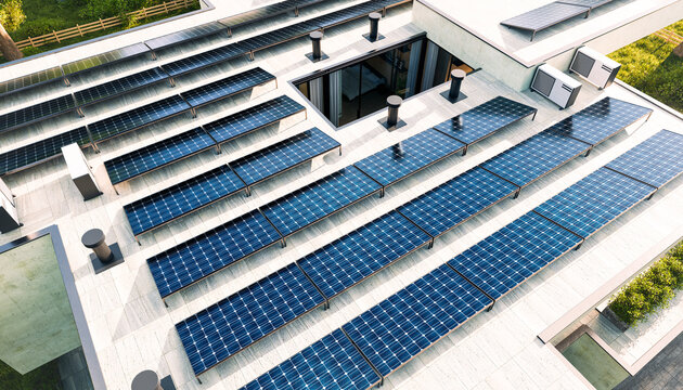Solar panels installed on the modern home rooftop for renewable energy
