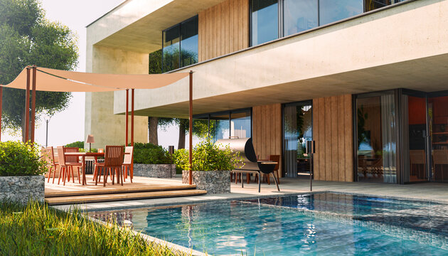 Modern house with pool and garden patio in summer tranquility