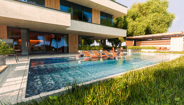 Luxury modern house with garden and swimming pool outdoors in summer