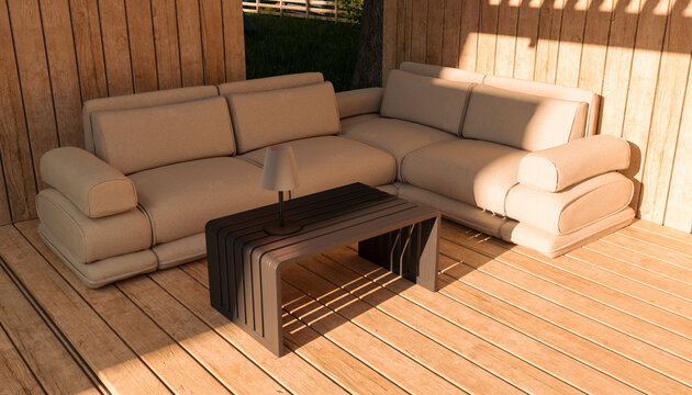 Outdoor sofas and table on wooden terrace in summer garden